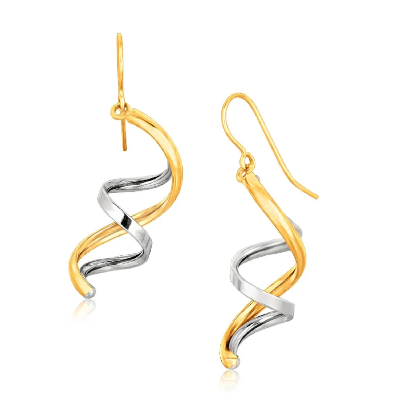 Women's statement earrings-14k Two Tone Gold Double Helix Polished Dangling Earrings