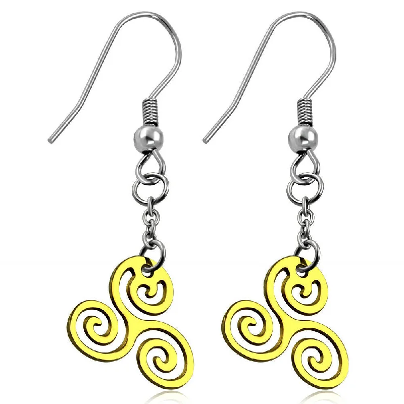 Women's party earrings-Stainless Steel 2-tone Spiral Celtic Trinity Long Drop Hook Earrings (pair)