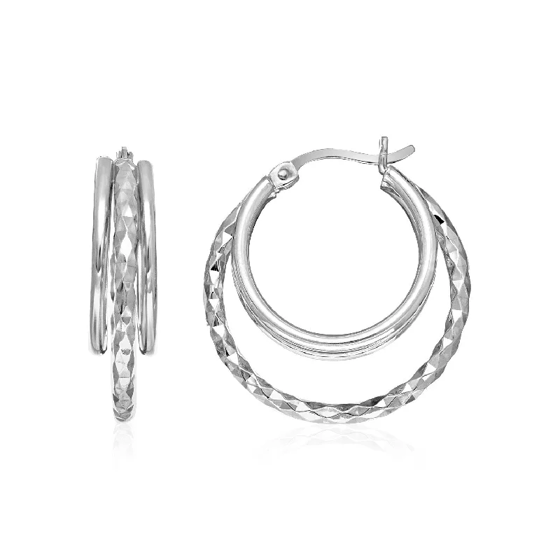 Women's alloy earrings-Two-Part Graduated Polished and Textured Hoop Earrings in Sterling Silver