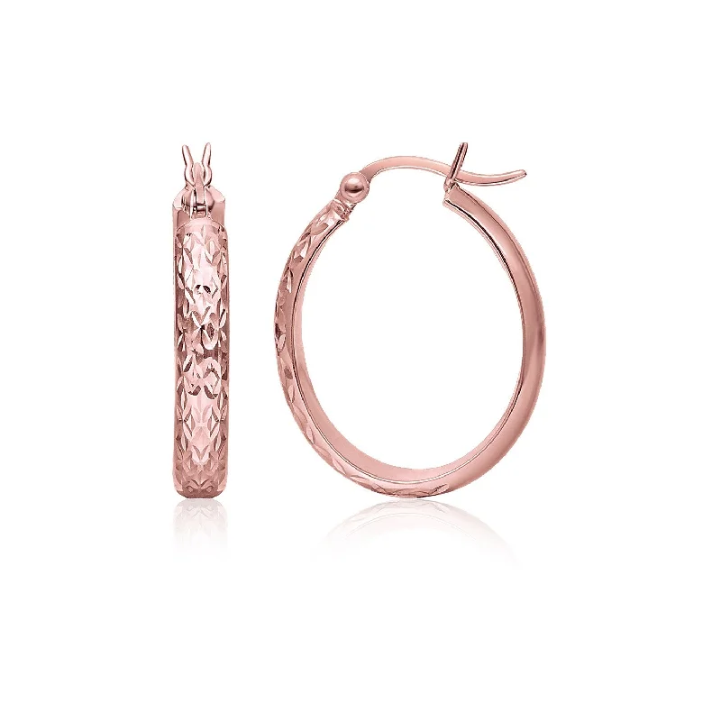 Women's gemstone earrings-14k Rose Gold Hammered Oval Hoop Earrings