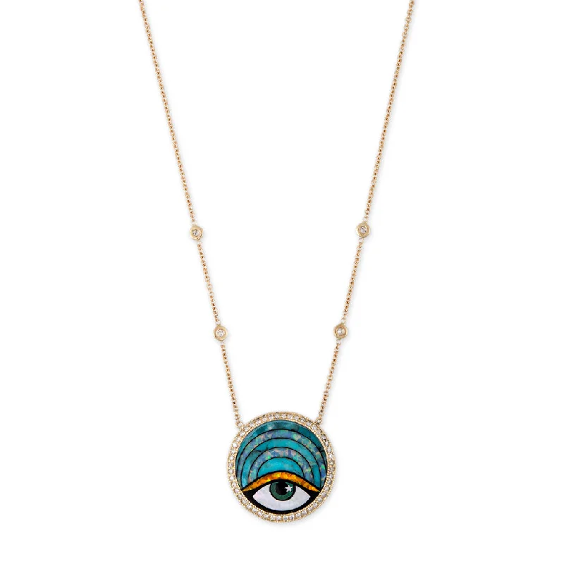 Women's religious necklaces-SMALL PAVE ROUND ARCH EYE OPAL INLAY NECKLACE