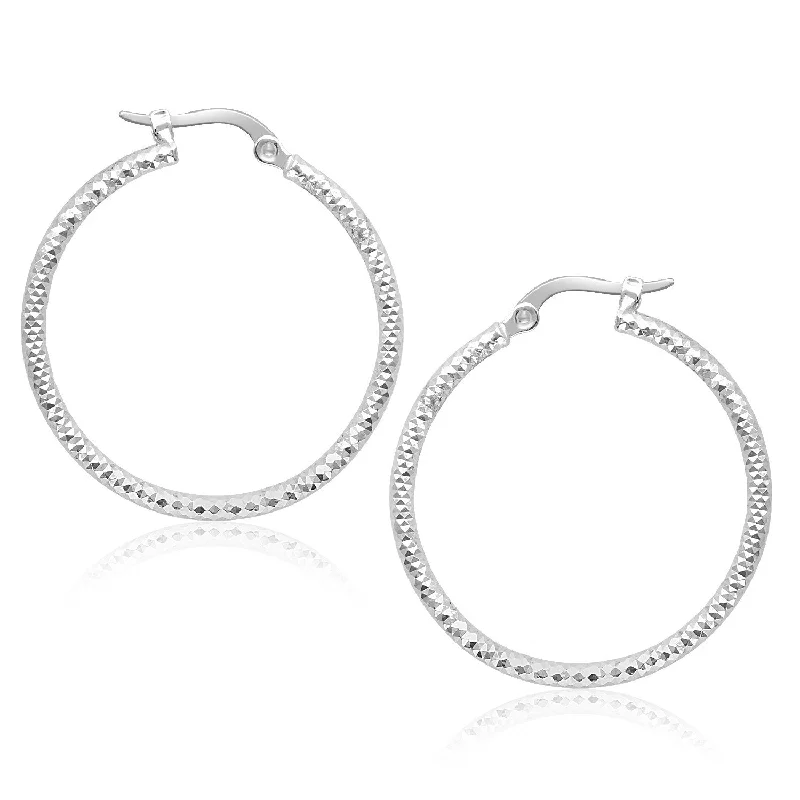 Women's stud earrings-14k White Gold Tube Textured Round Hoop Earrings(1.5x25mm)