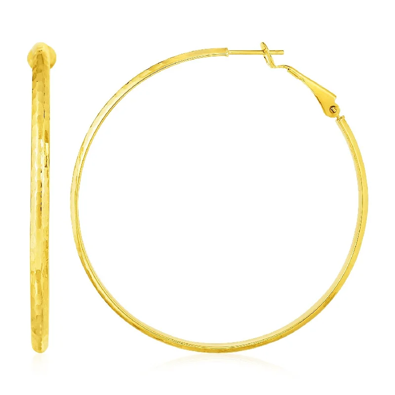 Women's jade earrings-14k Yellow Gold Large Textured Round Hoop Earrings