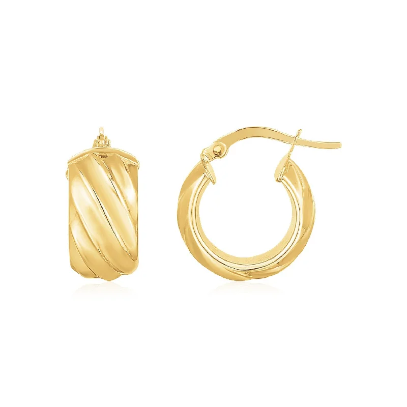 Women's evil eye earrings-14K Yellow Gold Ribbed Hoop Earrings Wide