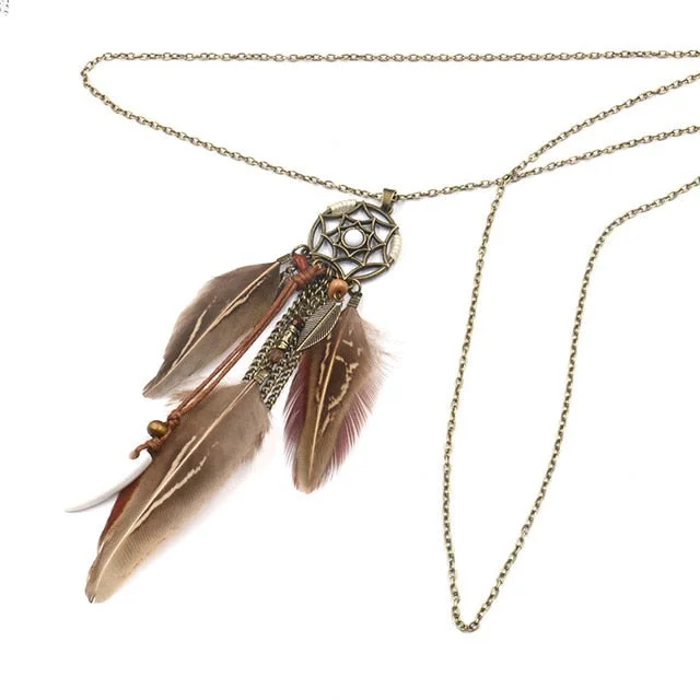 Women's wedding necklaces-Boho Dreamcatcher Feather Pendant Necklace