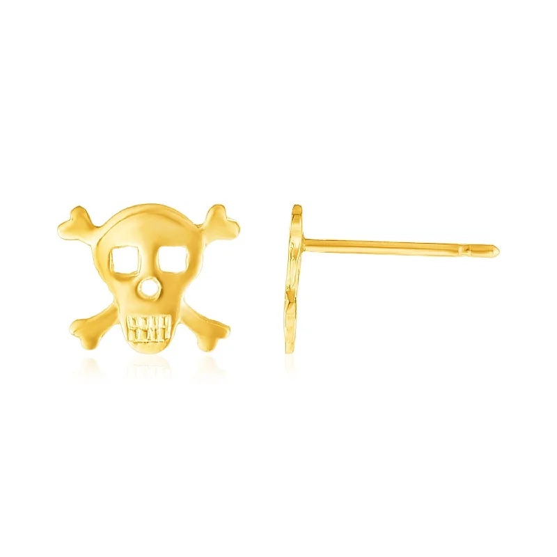 Women's jade earrings-14K Yellow Gold Skull and Crossbones Post Earrings