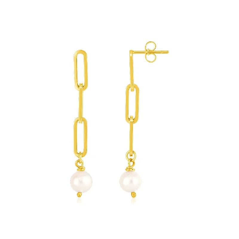 Women's leather earrings-14k Yellow Gold Paperclip Chain Link Earrings with Pearls