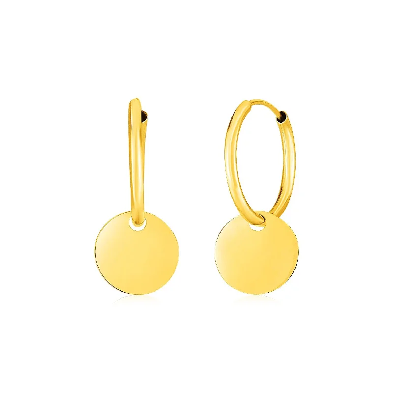 Women's geometric earrings-14k Yellow Gold Huggie Style Hoop Earrings with Circle Drops