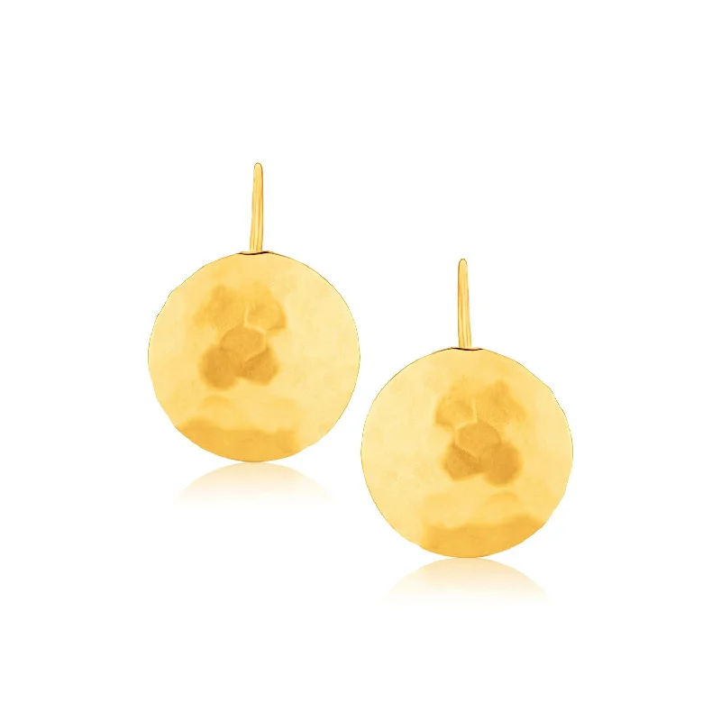 High-end women's earrings-14k Yellow Gold Hammered Texture Disc Drop Earrings Medium