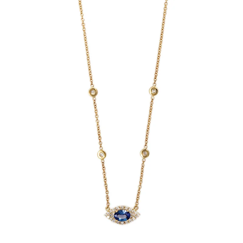 Women's heart-shaped necklaces-SMALL PAVE TANZANITE OVAL CENTER EYE DIAMOND NECKLACE