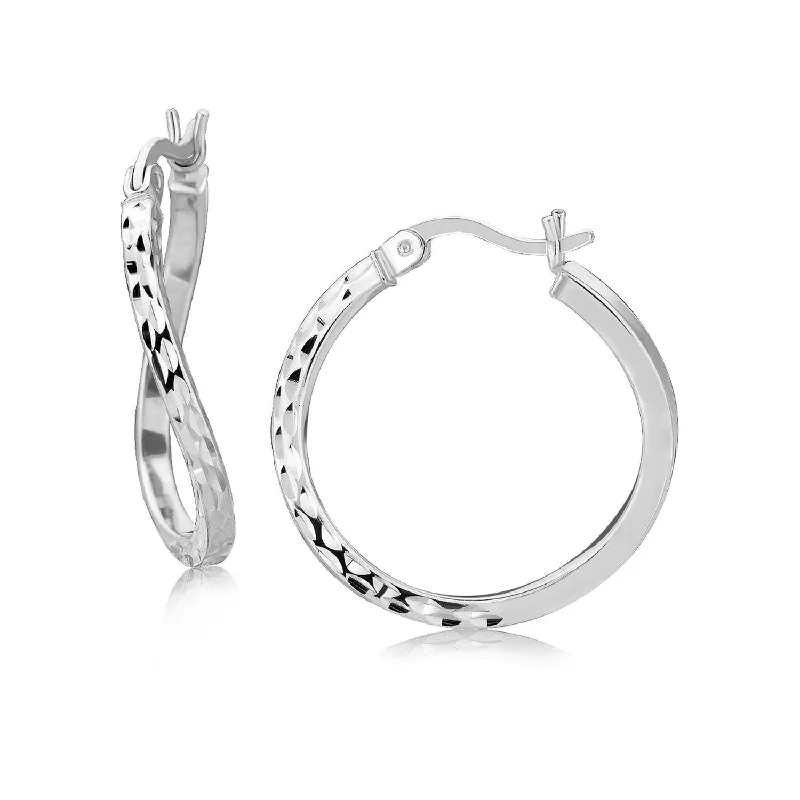 Women's moon phase earrings-Sterling Silver Rhodium Plated Twist Style Hoop Diamond Cut Earrings (2x20mm)