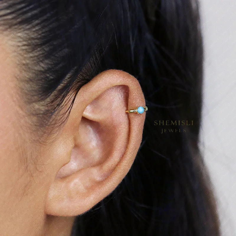 Women's handmade artisan earrings-Tiny Turquoise CZ Stone Helix Hoop Earrings, Gold, Silver SHEMISLI SH636, SH637, SH638, SH639