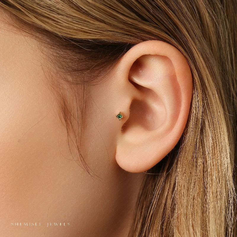 Women's silver-plated earrings-Tiny Square Emerald Stone Threadless Flat Back Tragus Stud, 20,18,16ga, 5-10mm, Unisex, Surgical Steel, SHEMISLI SS557