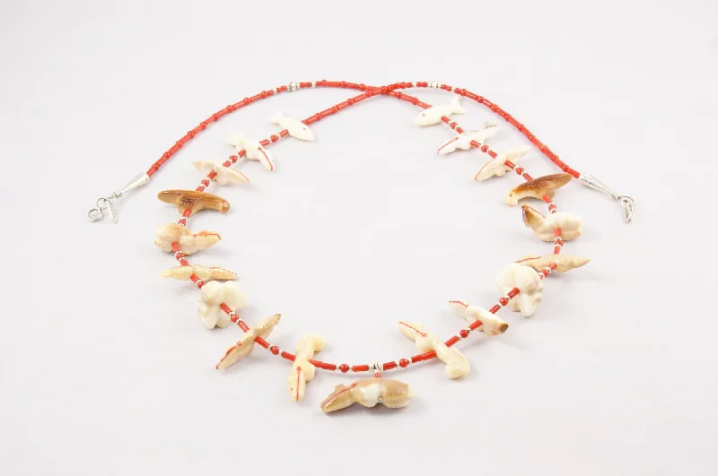 Trendy women's necklaces-Zuni Fossilized Ivory & Red Coral Fetish Necklace by Debra Gasper