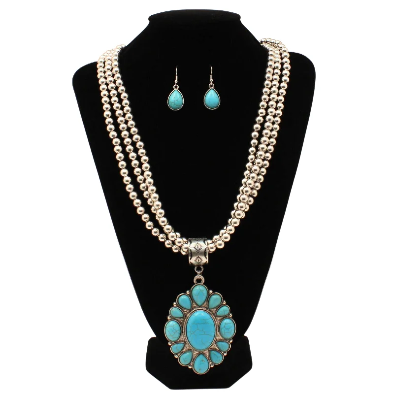 Women's sterling silver necklaces-Silver Strike Turquoise Beaded Necklace & Earring Jewelry Set