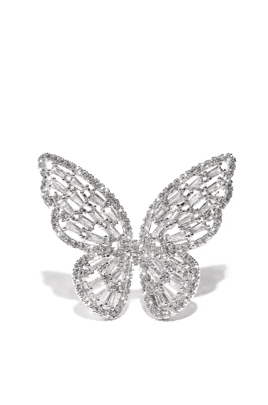 Women's travel rings-Lena CZ Adjustable Butterfly Ring - Silver