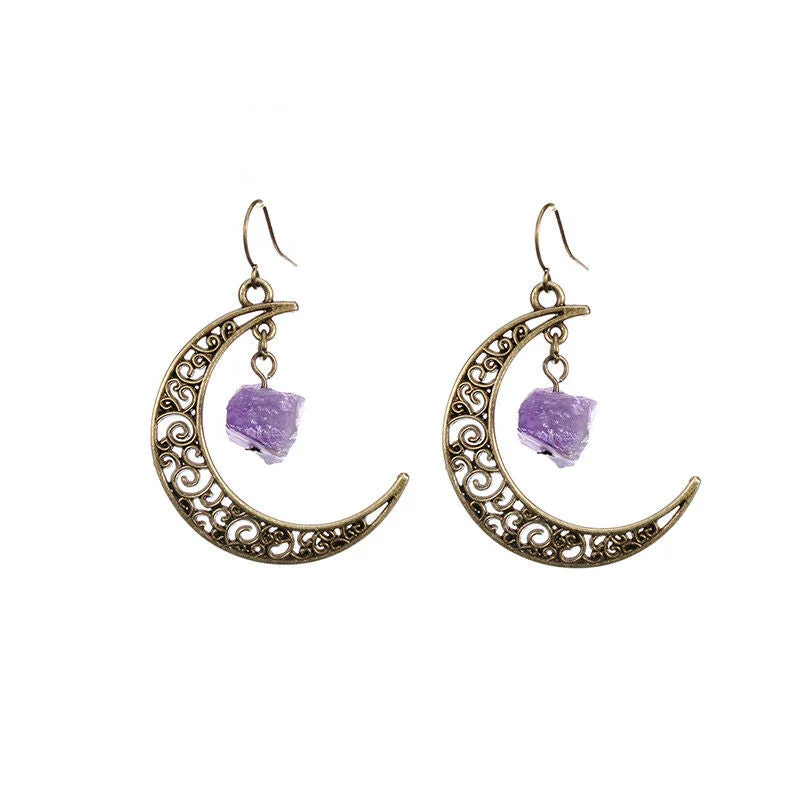 Affordable women's earrings-Celtic Crescent Moon Copper Alloy Amethyst Earrings