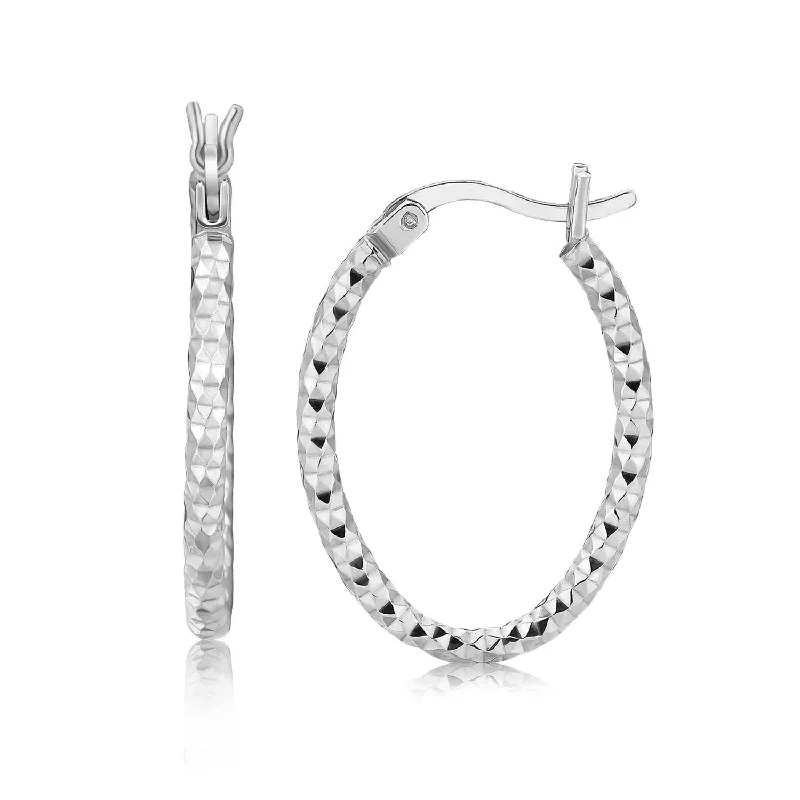 Women's ethical earrings-Sterling Silver Hoop Diamond Cut Texture Earrings with Rhodium Plating(2x15mm)