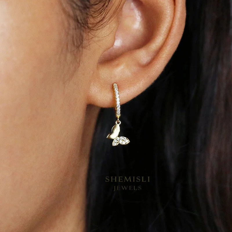 Women's platinum earrings-Butterfly CZ Hoop Dangle Earrings, Drop Huggies, Gold, Silver SHEMISLI SH106 LR