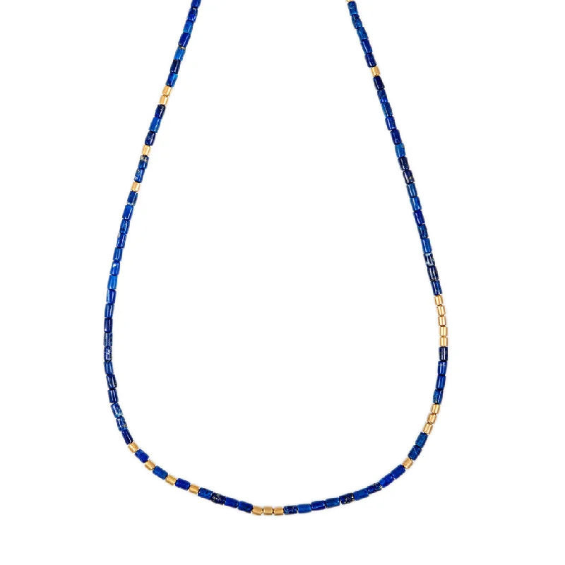 Women's K gold necklaces-24 GOLD BEADS + LAPIS TUBE BEADED NECKLACE