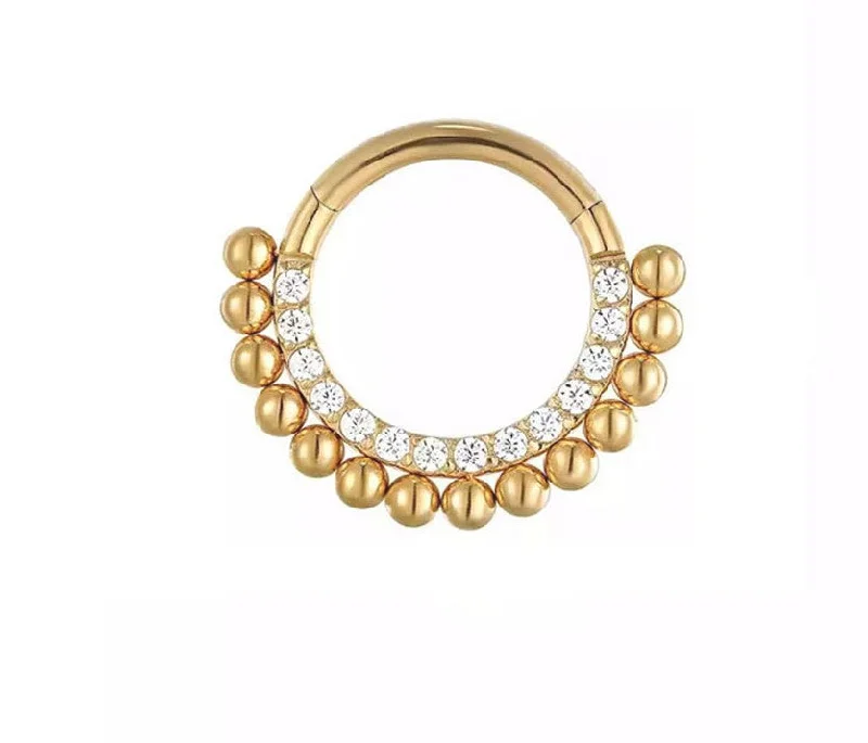 Women's modern design rings-Titanium Gold Jewelled Hinged Septum/Daith Ring - TI-152A