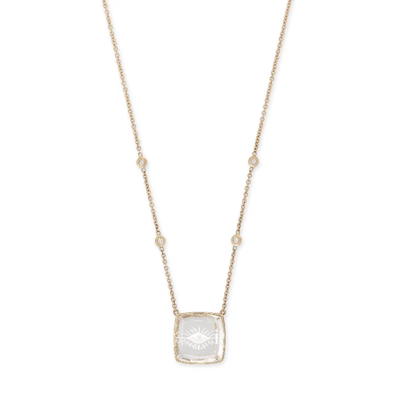 Women's luxury gift necklaces-CARVED EYE BURST CLEAR QUARTZ SQUARE NECKLACE