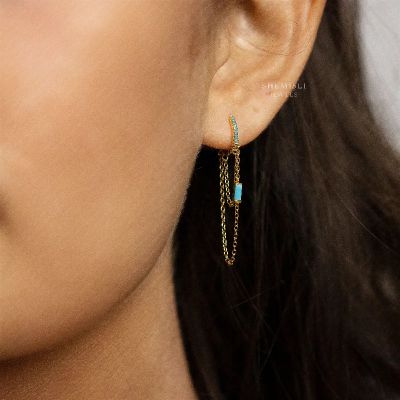 Trendy women's earrings-Dangle Chain Baguette Turquoise CZ Hoop Earrings, Gold, Silver SHEMISLI SH360