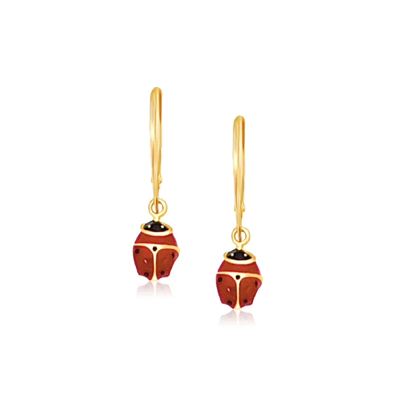 Women's art deco earrings-14k Yellow Gold Petite Enamel Lady Bug Drop Earrings