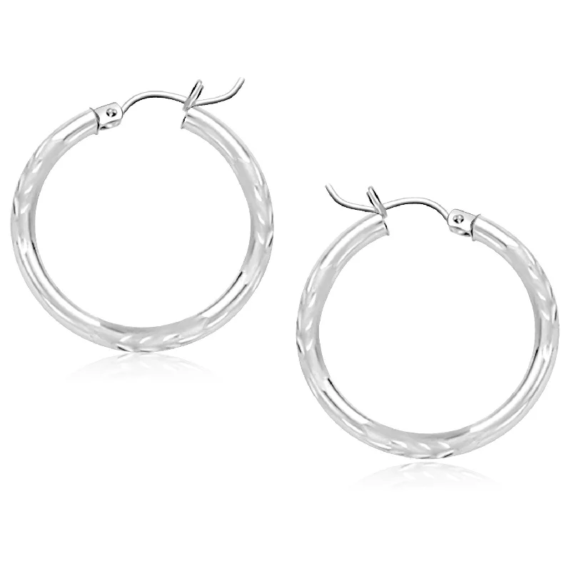 Women's seasonal earrings-14k White Gold Diamond Cut Hoop Earrings (3x25mm)