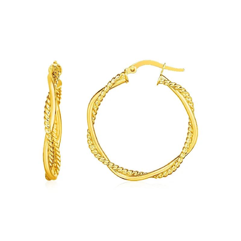 Women's bridal earrings-14k Yellow Gold Two Part Textured Twisted Round Hoop Earrings(3x25mm)