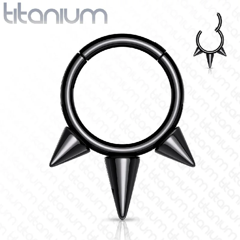 Women's DNA rings-Implant Grade Titanium Black Hinged Segment Hoop Ring with Spikes - T92A