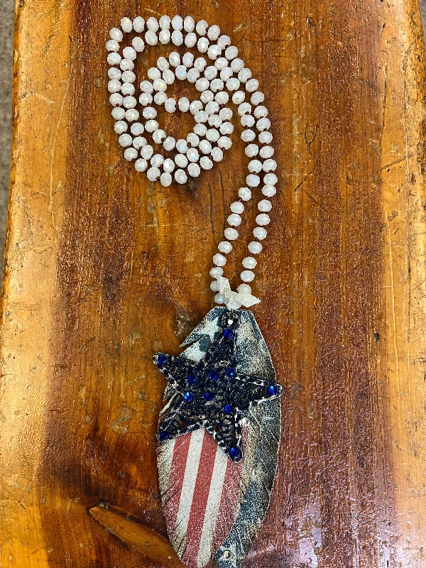 Women's seasonal necklaces-Iridescent White Knotted Beaded Necklace w/ Americana Leather & Star Accent