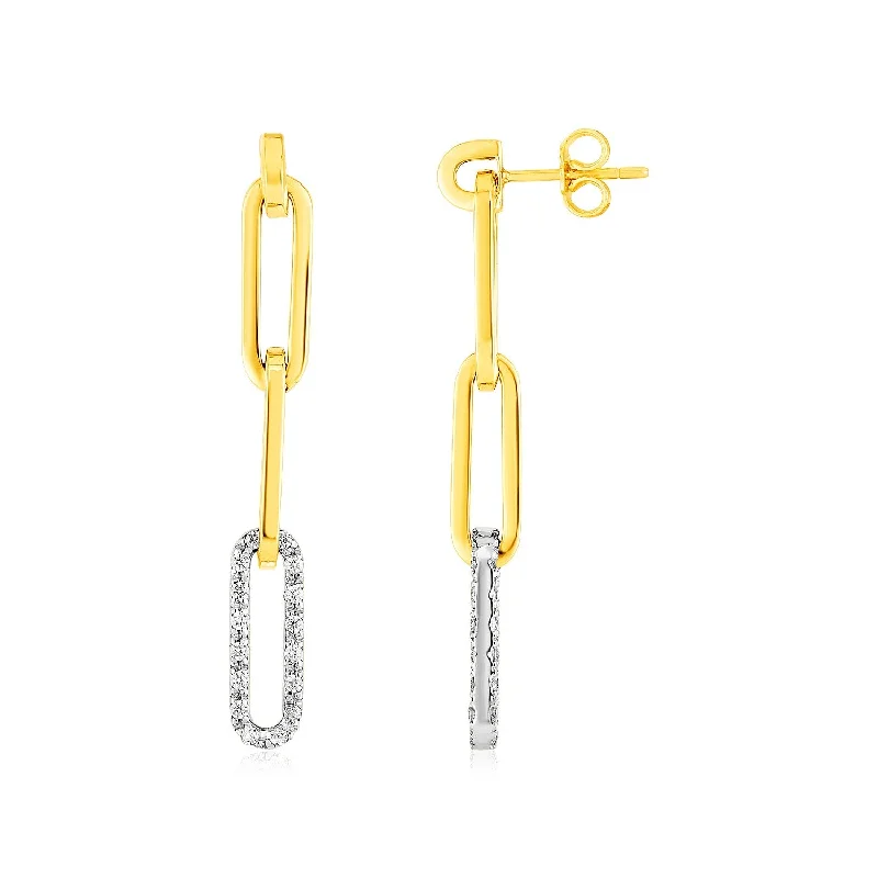 High-end women's earrings-14k Yellow Gold Paperclip Chain Dangle Earrings with Diamonds