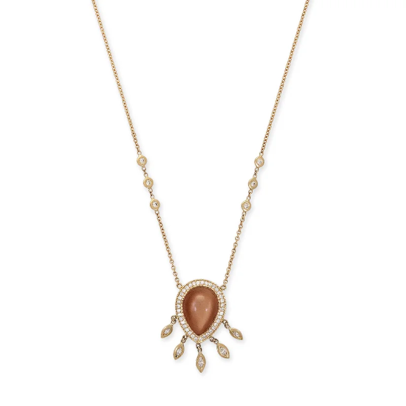 Women's religious necklaces-PAVE PEACH MOONSTONE TEARDROP + MARQUISE DIAMOND SHAKER NECKLACE