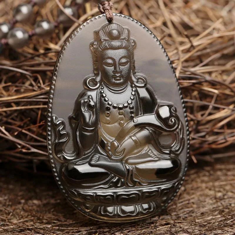 Women's wedding necklaces-Natural Ice Obsidian Guanyin Pendant Necklace