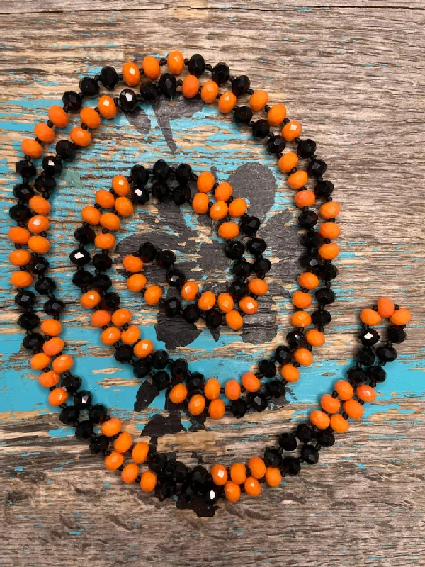 Women's platinum necklaces-60" Hand Knotted Bead Necklace/Black&Orange