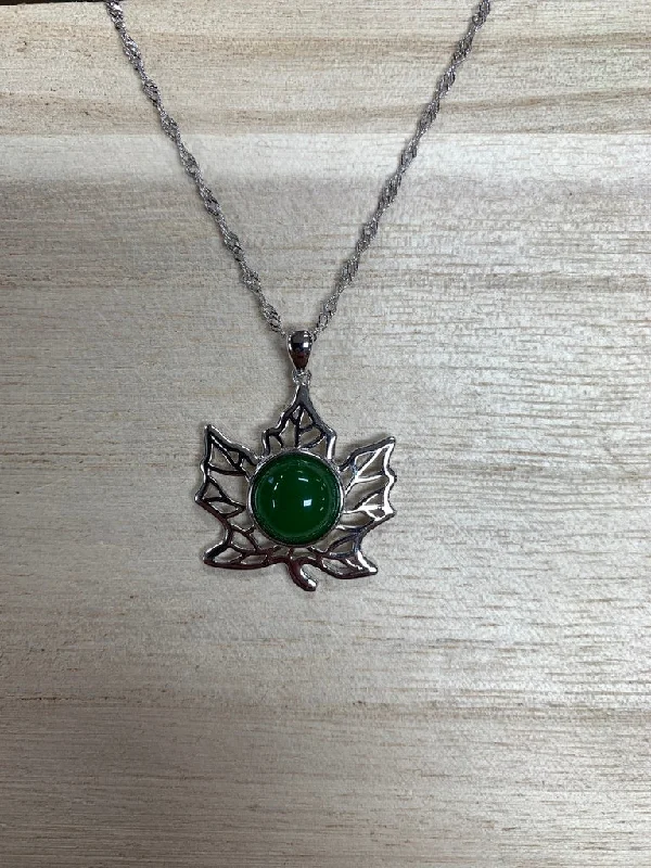 Women's silver necklaces-Jade and Sterling Silver Maple Leaf with Veining Necklace