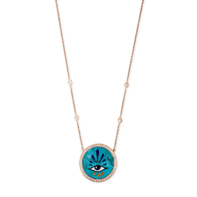 Women's gift necklaces-SMALL PAVE 3 HEARTS EYE BURST TURQUOISE INLAY NECKLACE