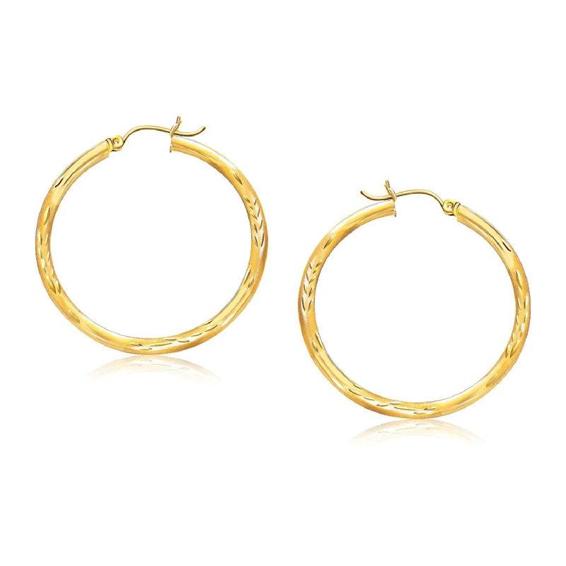 Women's alloy earrings-14k Yellow Gold Fancy Diamond Cut Hoop Earrings (3x35mm)