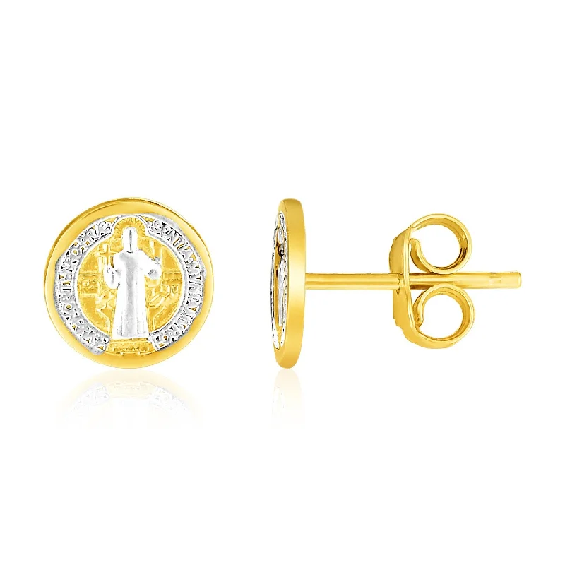 Women's dangle earrings-14k Two Tone Gold Round Religious Medallion Post Earrings(8mm)