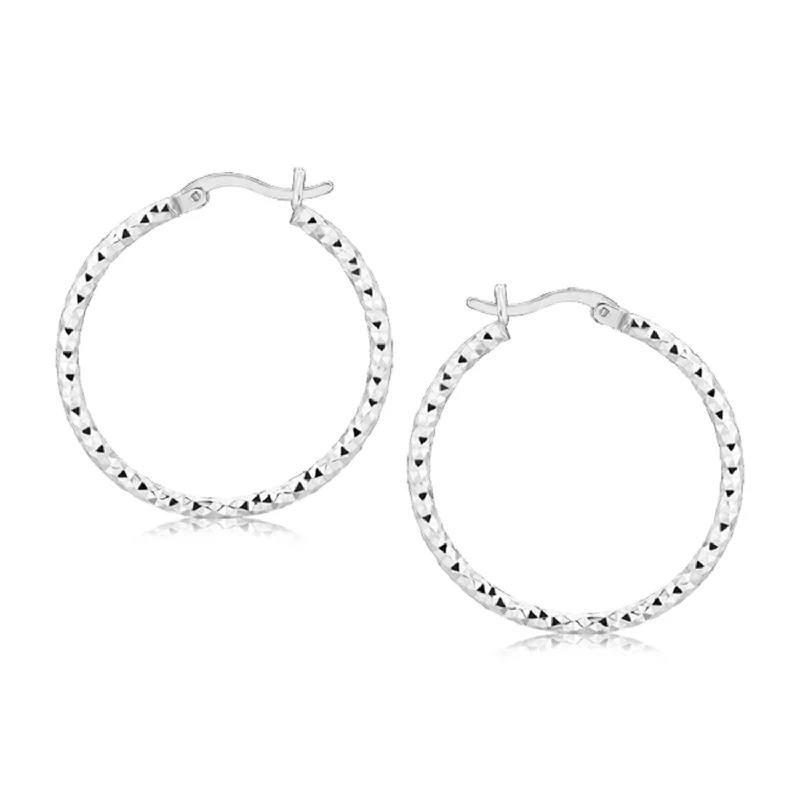 Women's stud earrings-Sterling Silver Faceted Motif Hoop Earrings with Rhodium Plating(2x25mm)