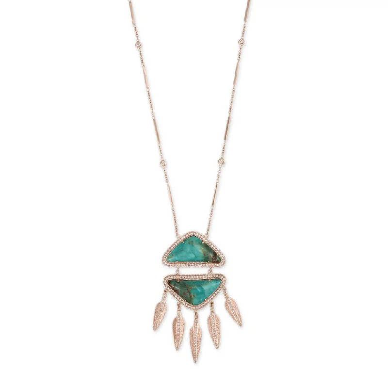 Women's charm necklaces-TURQUOISE PAVE DIAMOND FEATHER DREAMCATCHER NECKLACE