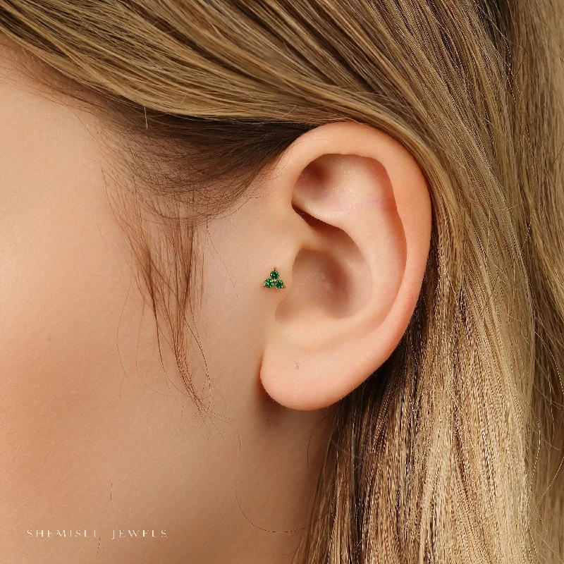 Women's cross earrings-Tiny 3-Petal Emerald Flower Threadless Flat Back Tragus Stud, 20,18,16ga, 5-10mm, Unisex, Surgical Steel, SHEMISLI SS545