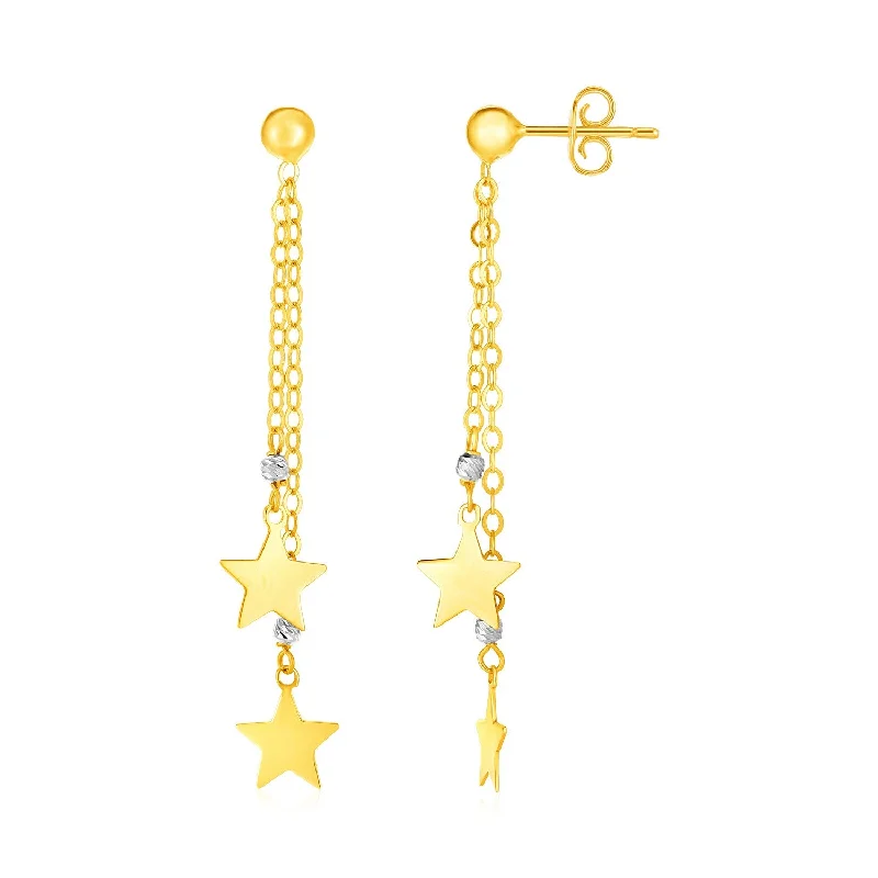 Women's Christmas earrings-14k Two Tone Gold Drop Earrings with Polished Stars