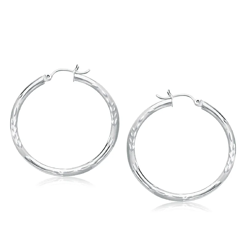 Women's jade earrings-14k White Gold Fancy Diamond Cut Hoop Earrings (3x35mm)