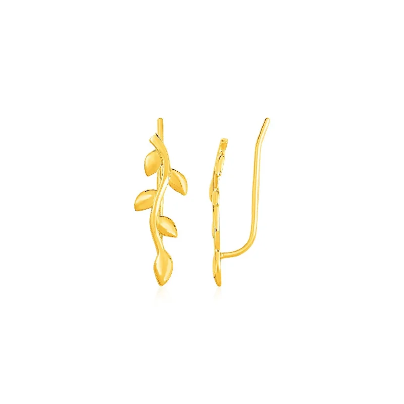 Women's cross earrings-Leafy Branch Motif Climber Earrings in 14k Yellow Gold