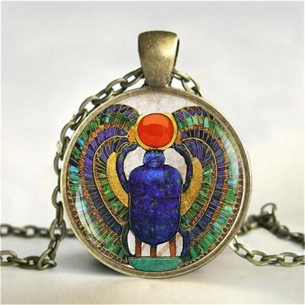 Women's eco-friendly necklaces-Egyptian Scarab Glass Dome Pendant Necklace