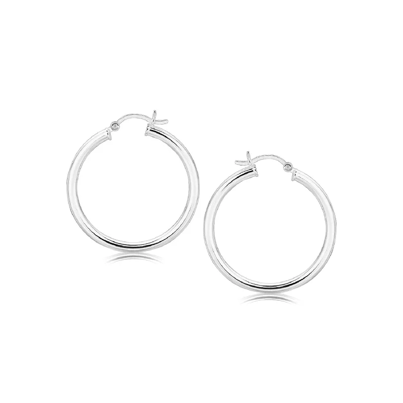 Women's dangle earrings-Sterling Silver Hoop Style Earrings with Polished Rhodium Plating (3x30mm)