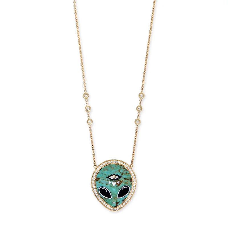 Vintage women's necklaces-PAVE TURQUOISE + ONYX ALIEN HEART EYE INLAY NECKLACE