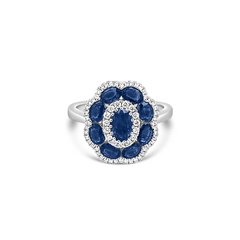 Women's luxury party rings-Sapphire and Diamond Flower Ring